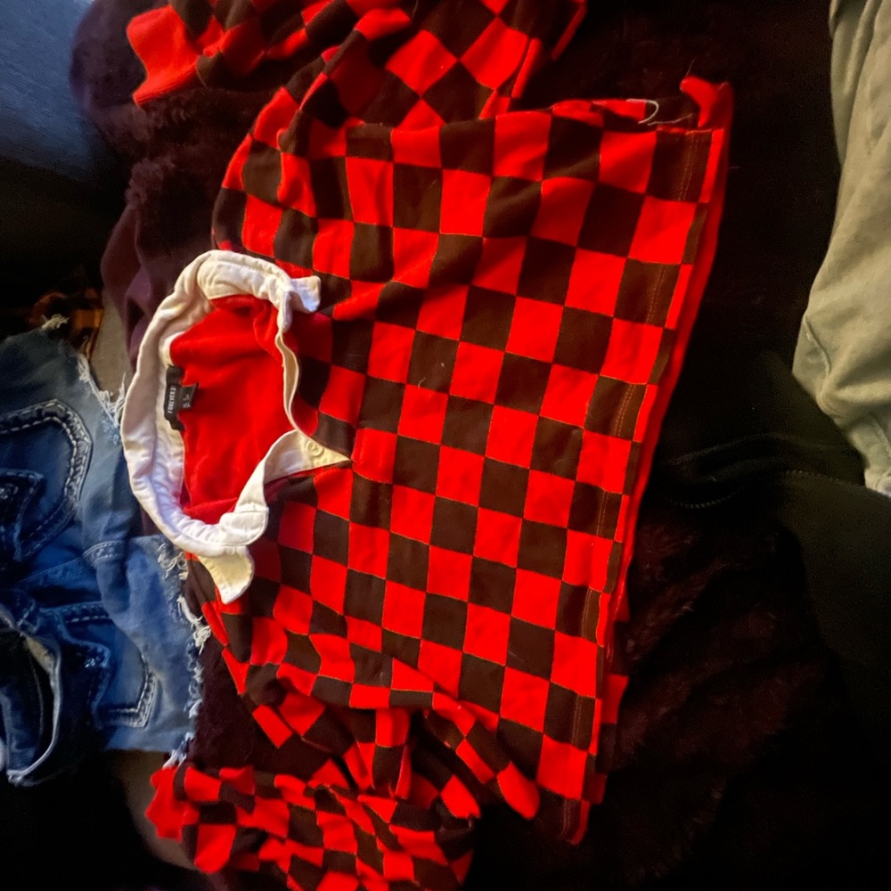 Forever 21 Red and Black Checkerboard Polo with White Collar